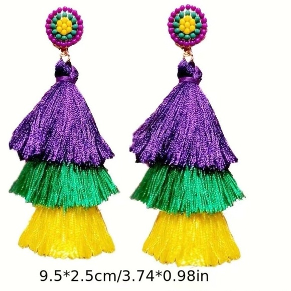 Mardi Gras Tassle Emblezzed Earrings - Picture 2 of 3